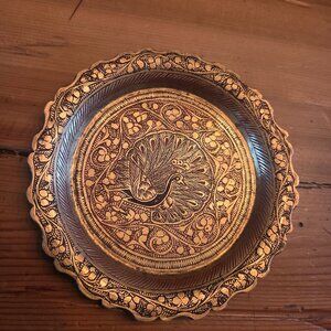 Vintage Brass/Enamel Peacock Plate Trinket Tray India